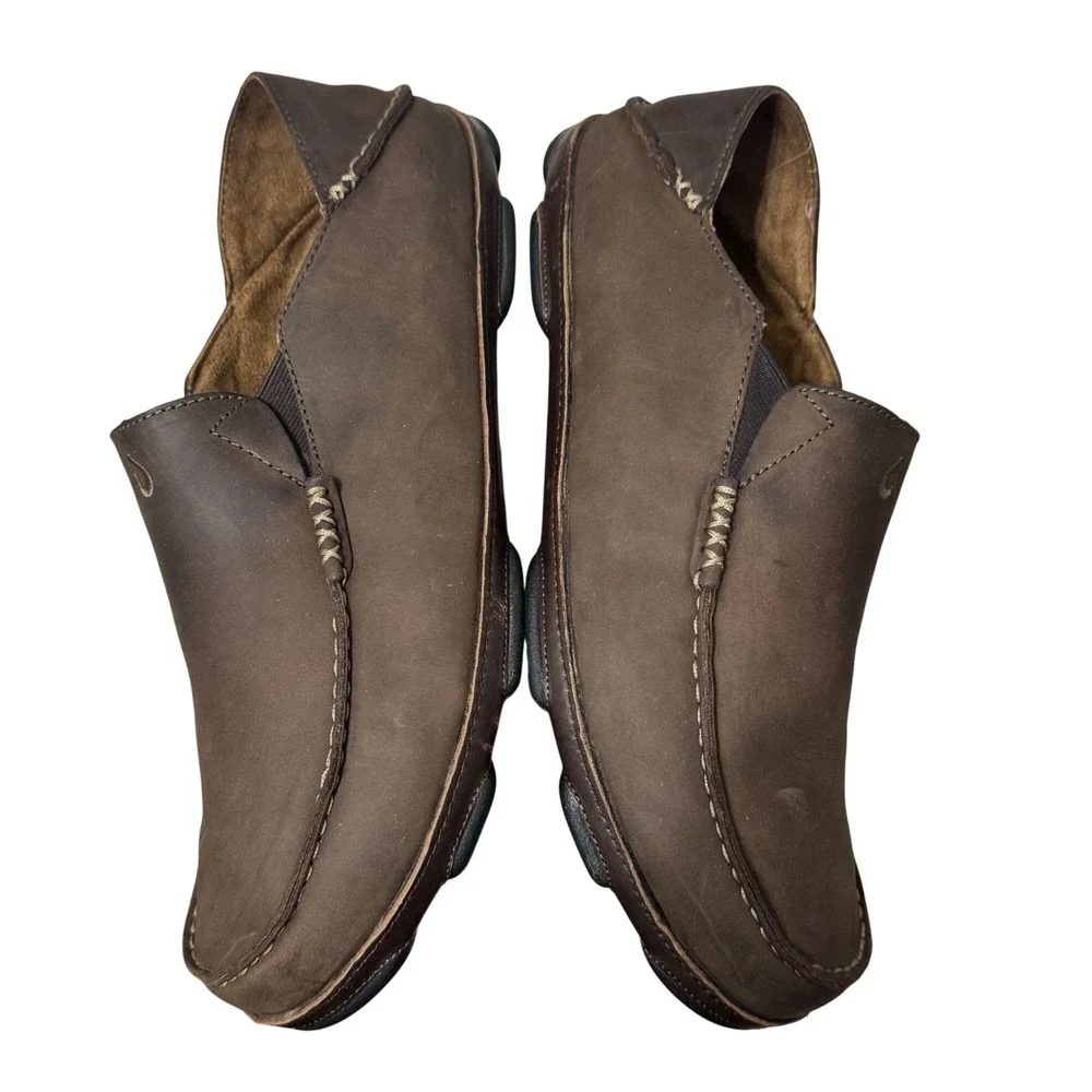 OluKai Moloa Slip On Loafers Mens 14 Dark Wood Brown Good Leather Drop In Heel